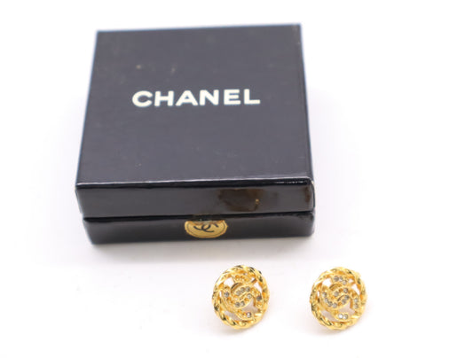 CHANEL GP Coco Mark Rhinestone Gold Earrings with Box