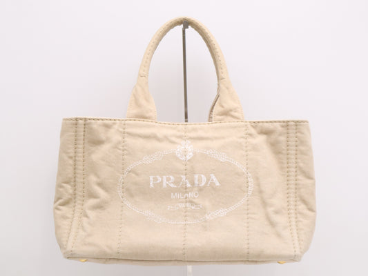 PRADA Canvas Canapa Tote M Beige with Gold Hardware