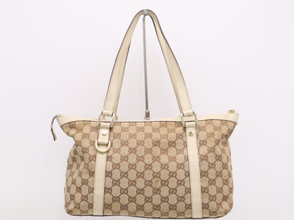GUCCI 141470 Canvas x Leather GG Canvas Abbey Beige Tote Bag