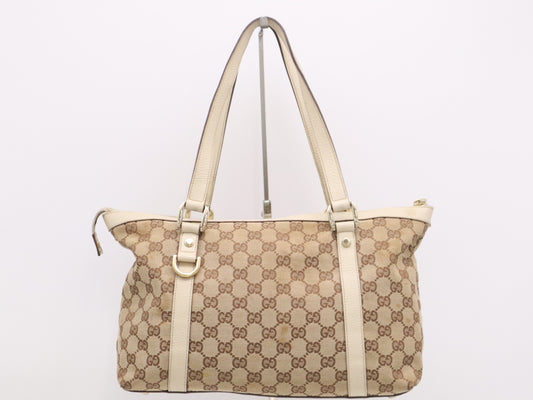 GUCCI 141470 Canvas x Leather GG Canvas Abbey Beige Tote Bag