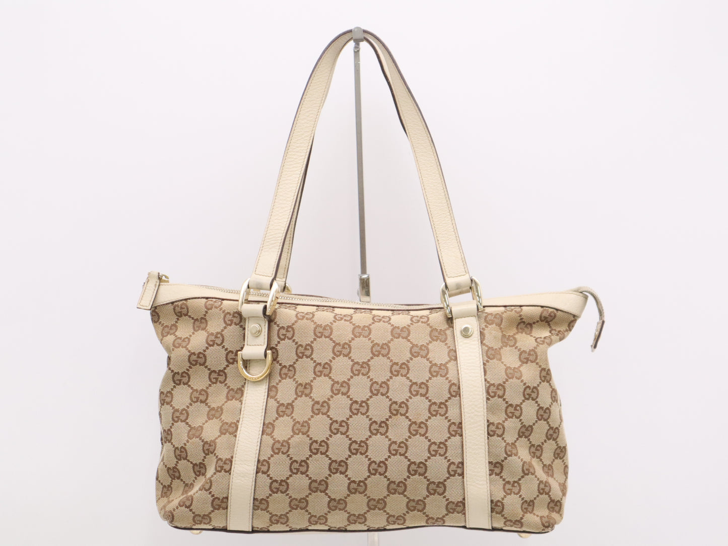 GUCCI 141470 Canvas x Leather GG Canvas Abbey Beige Tote Bag