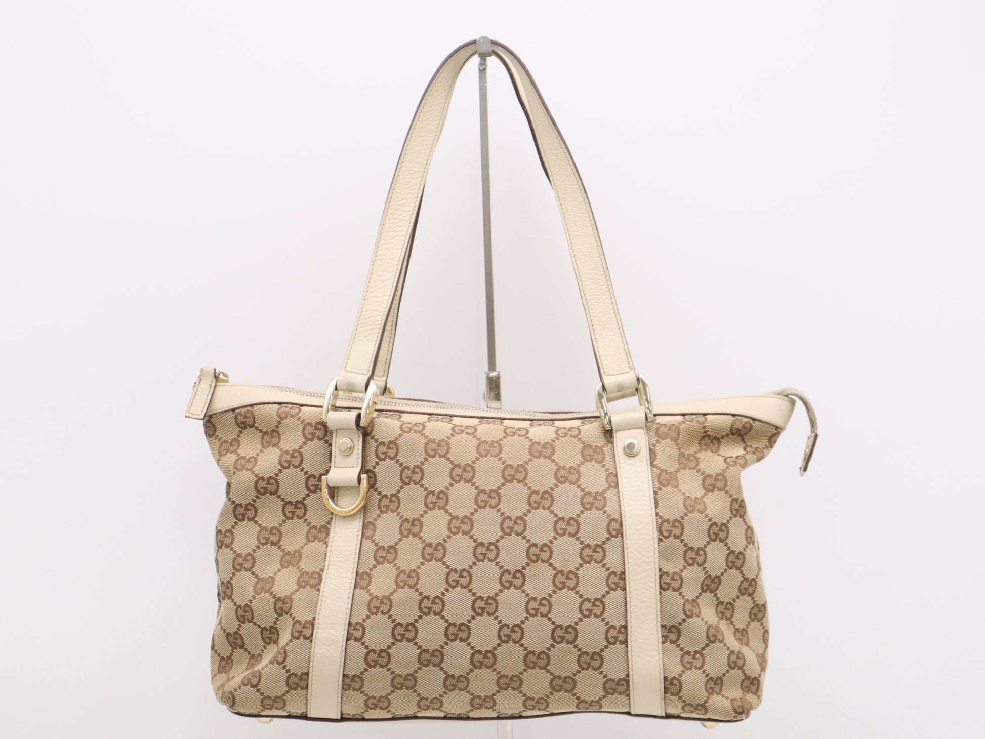 GUCCI 141470 Canvas x Leather GG Canvas Abbey Beige Tote Bag