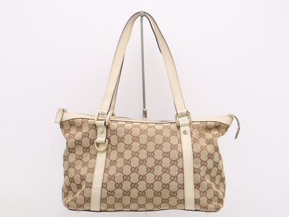 GUCCI 141470 Canvas x Leather GG Canvas Abbey Beige Tote Bag