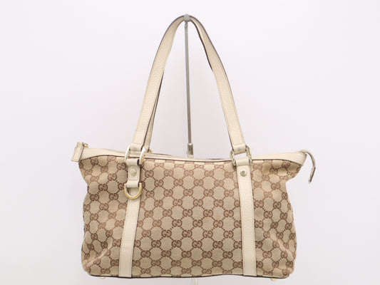 GUCCI 141470 Canvas x Leather GG Canvas Abbey Beige Tote Bag
