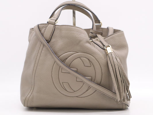 GUCCI 336751 Leather Soho Serarius 2-Way Grey Beige with Shoulder Strap Tote