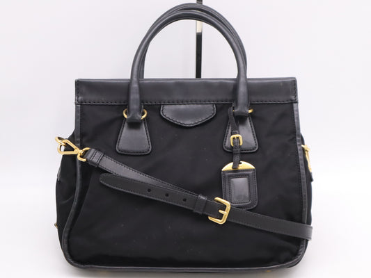 PRADA Tesuto/Leather 2-Way Bag Black GD Fittings with Shoulder Strap & Name Tag White Tag 110 Shoulder Bag