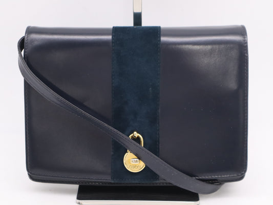 GUCCI Leather Suede Shoulder Bag Navy Shoulder Bag
