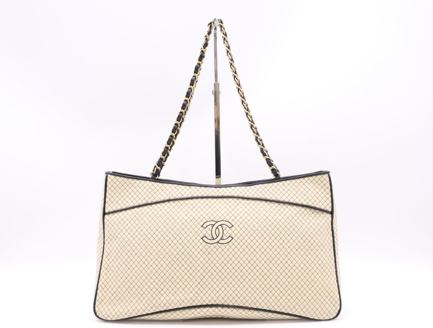 CHANEL Cotton Jersey x Leather Micro-Quilted Cocomark Chain Shoulder Bag Beige Black Seal 7321268 Tote Bag