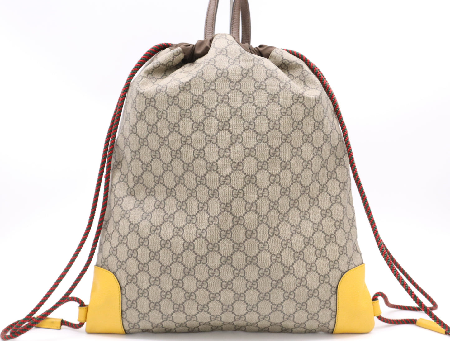 GUCCI 473872 Canvas x Leather GG Supreme Cathead Drawstring Backpack Beige Brown Yellow Rucksack