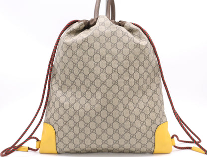 GUCCI 473872 Canvas x Leather GG Supreme Cathead Drawstring Backpack Beige Brown Yellow Rucksack