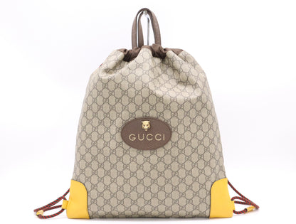 GUCCI 473872 Canvas x Leather GG Supreme Cathead Drawstring Backpack Beige Brown Yellow Rucksack