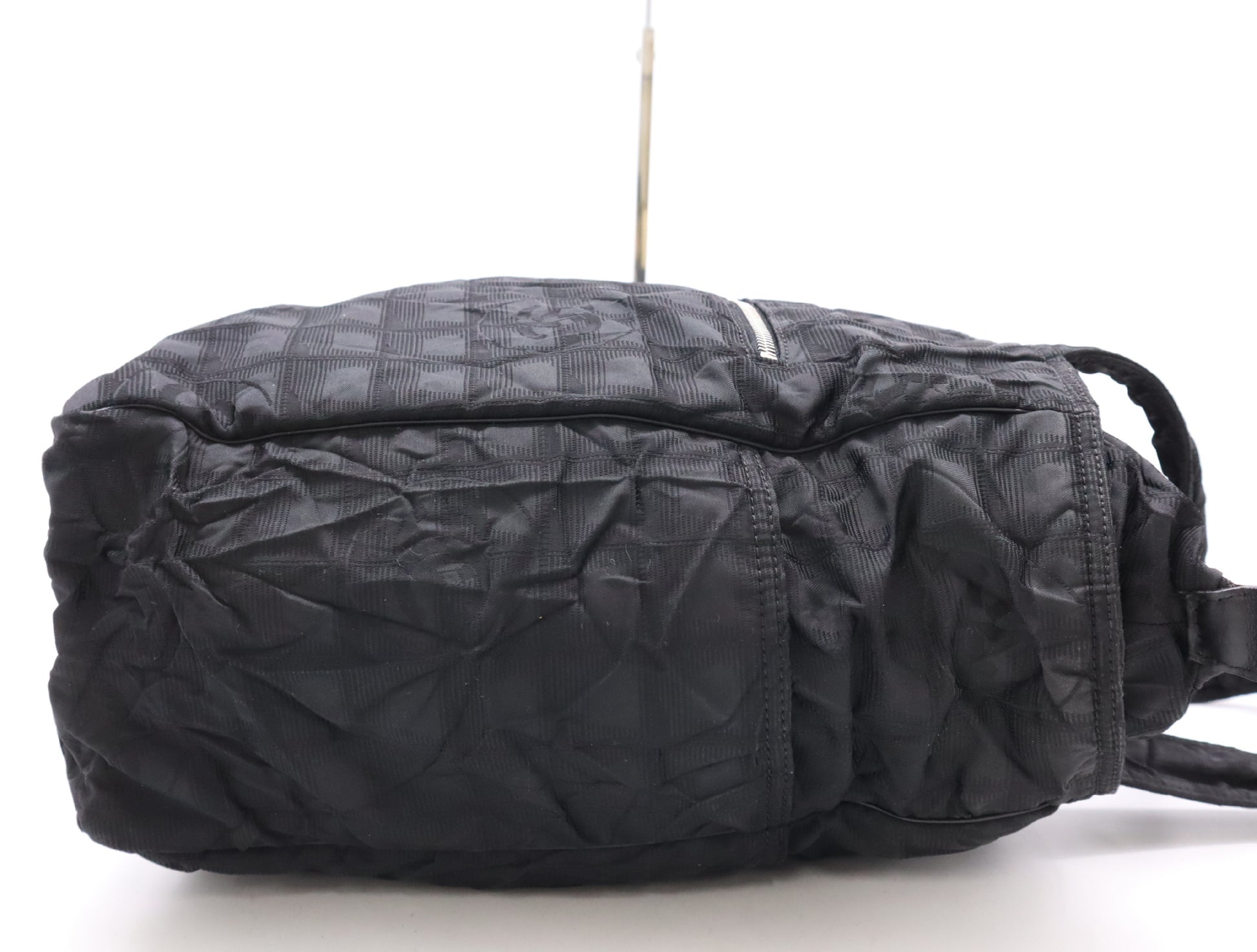 CHANEL Black Nylon Tote Bag with Silver Hardware and Name Tag and Sticker 