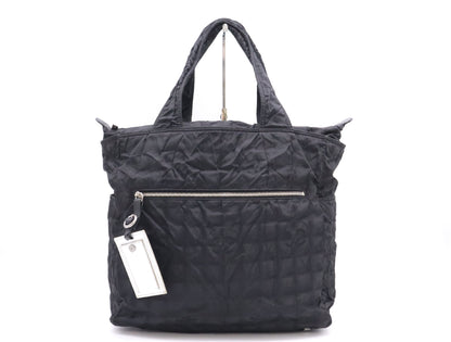 CHANEL Black Nylon Tote Bag with Silver Hardware and Name Tag and Sticker 