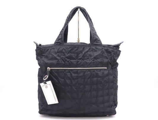 CHANEL Black Nylon Tote Bag with Silver Hardware and Name Tag and Sticker 