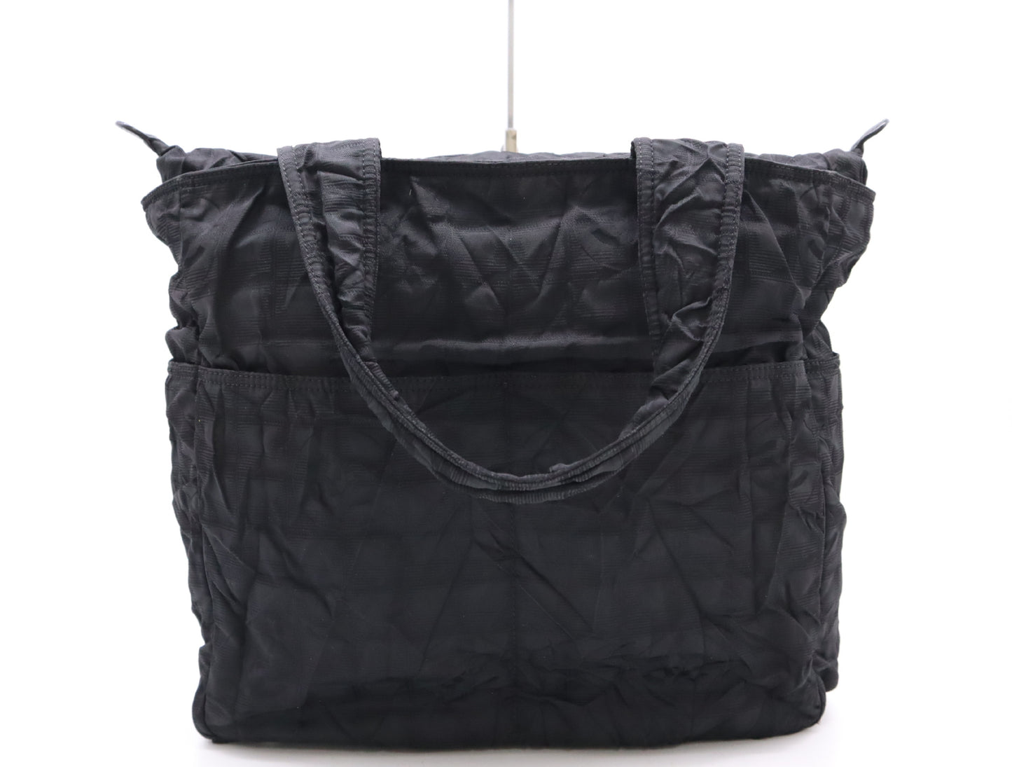 CHANEL Black Nylon Tote Bag with Silver Hardware and Name Tag and Sticker 