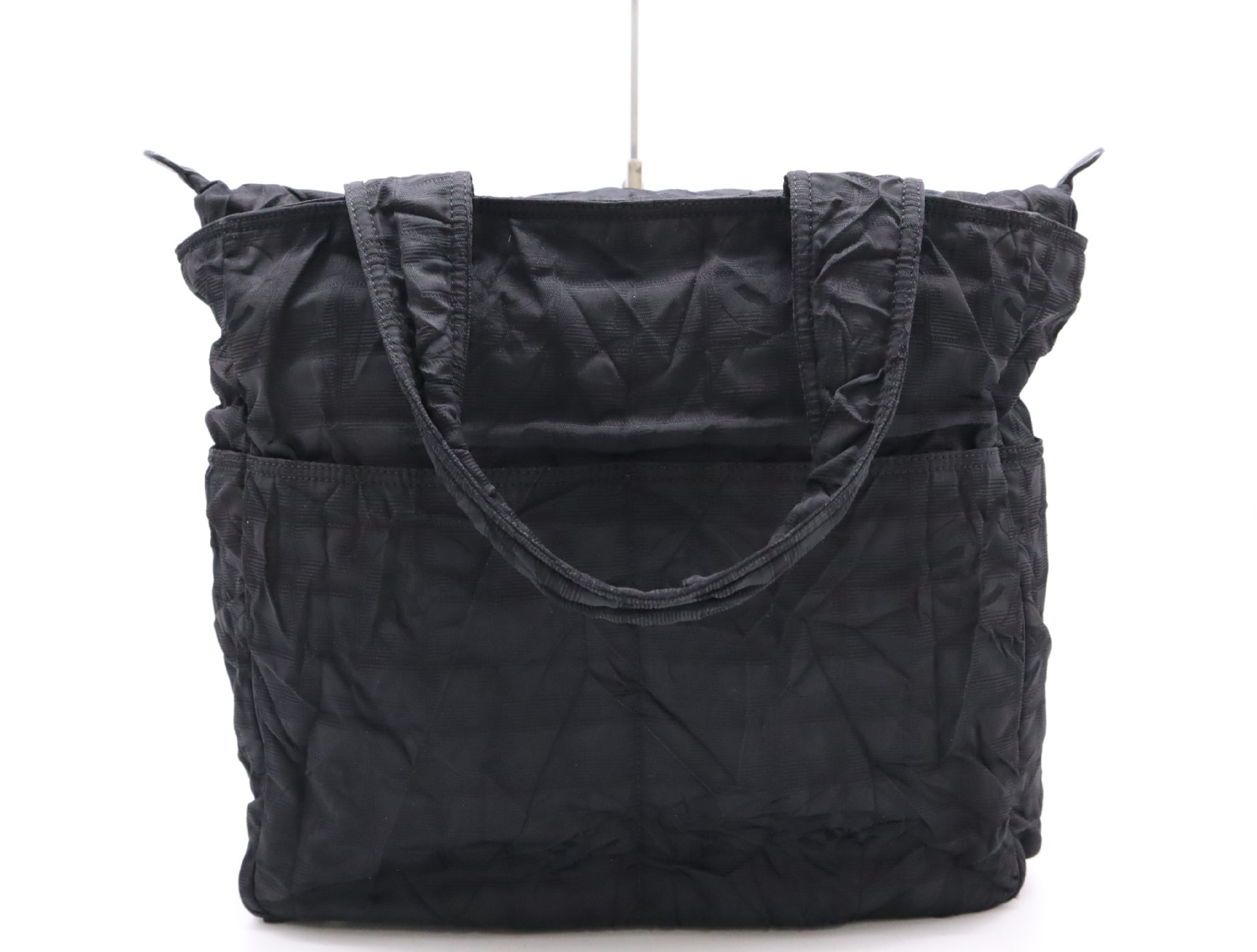 CHANEL Black Nylon Tote Bag with Silver Hardware and Name Tag and Sticker 