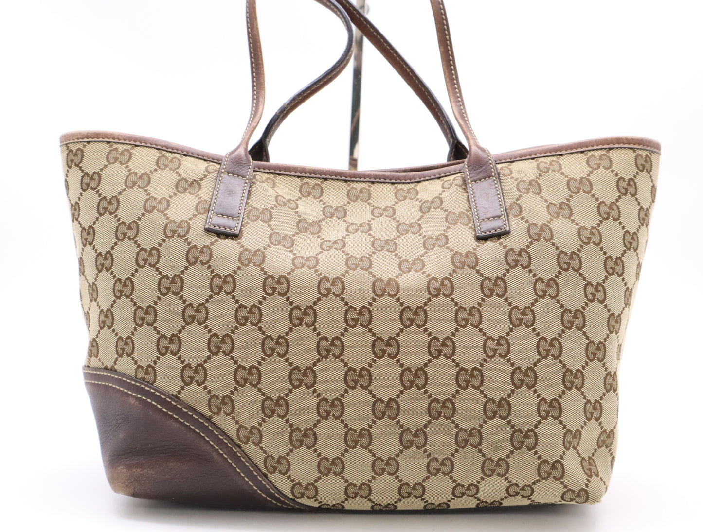 GUCCI 169946 Canvas x Leather GG Canvas New Brit Tote Bag Beige Brown Sherry Line Tote Bag