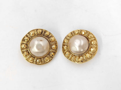 CHANEL GP Earrings, Faux Pearl, Round, Gold, with Box