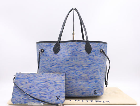 LOUIS VUITTON M51053 Epi Never Full MM Denim Blue Tote Bag with Pouch & Storage Bag