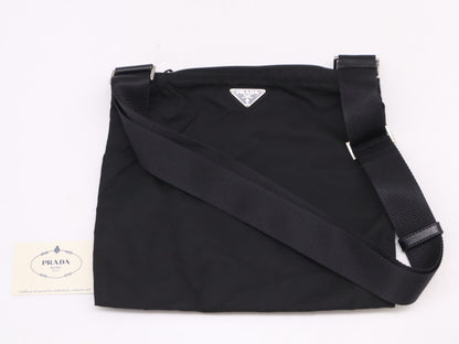 PRADA Nylon Triangle Logo Shoulder Bag in Black with Silver Hardware