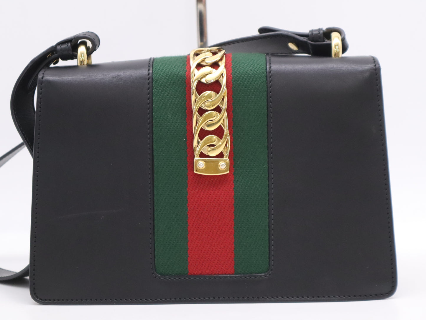 GUCCI 421882 Leather Sylvie Small Ribbon Sherry Line Shoulder Bag Black GD Hardware Shoulder Bag