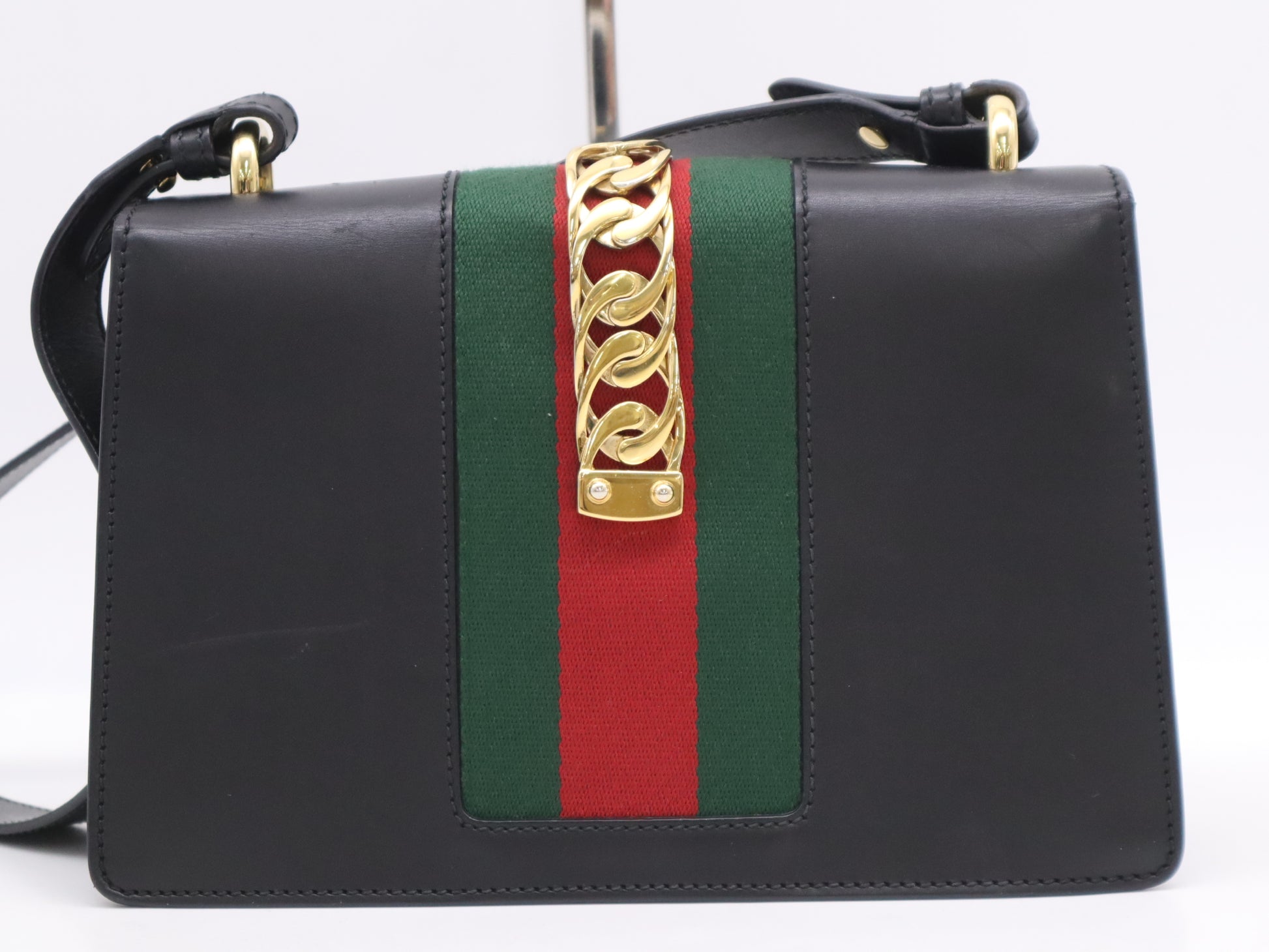 GUCCI 421882 Leather Sylvie Small Ribbon Sherry Line Shoulder Bag Black GD Hardware Shoulder Bag