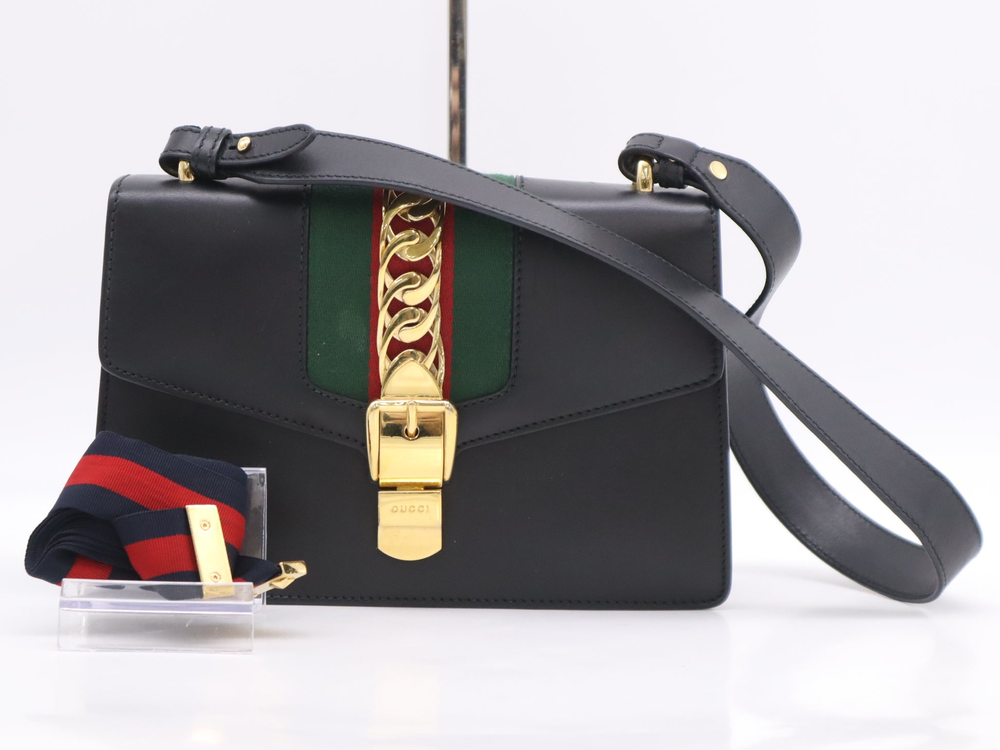 GUCCI 421882 Leather Sylvie Small Ribbon Sherry Line Shoulder Bag Black GD Hardware Shoulder Bag