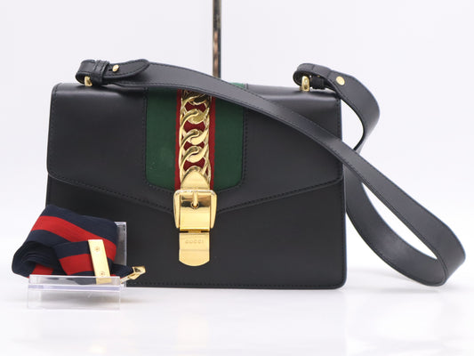 GUCCI 421882 Leather Sylvie Small Ribbon Sherry Line Shoulder Bag Black GD Hardware Shoulder Bag