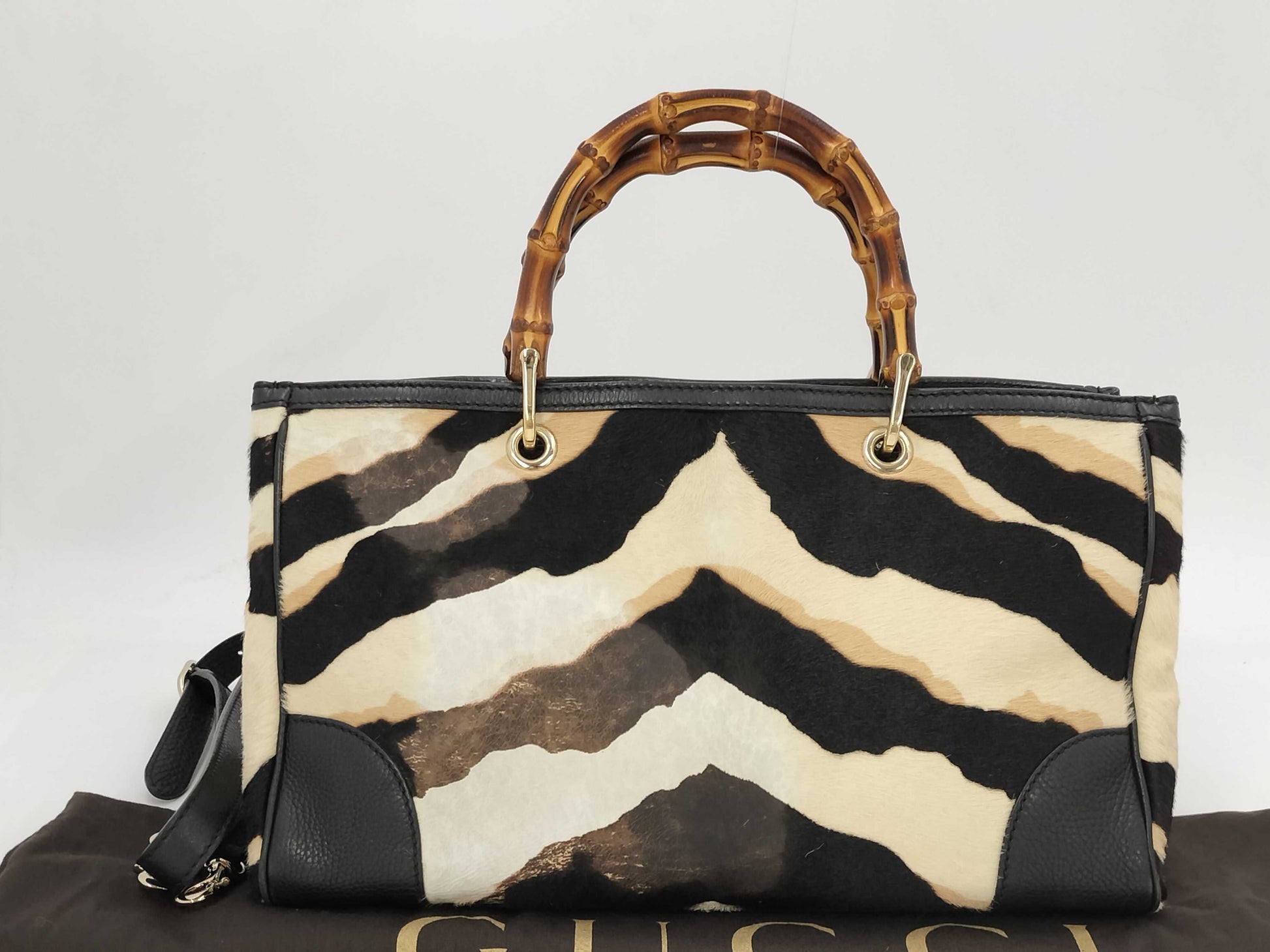GUCCI Leather Bamboo 2-Way Handbag with Harako Zebra Print Shoulder Bag