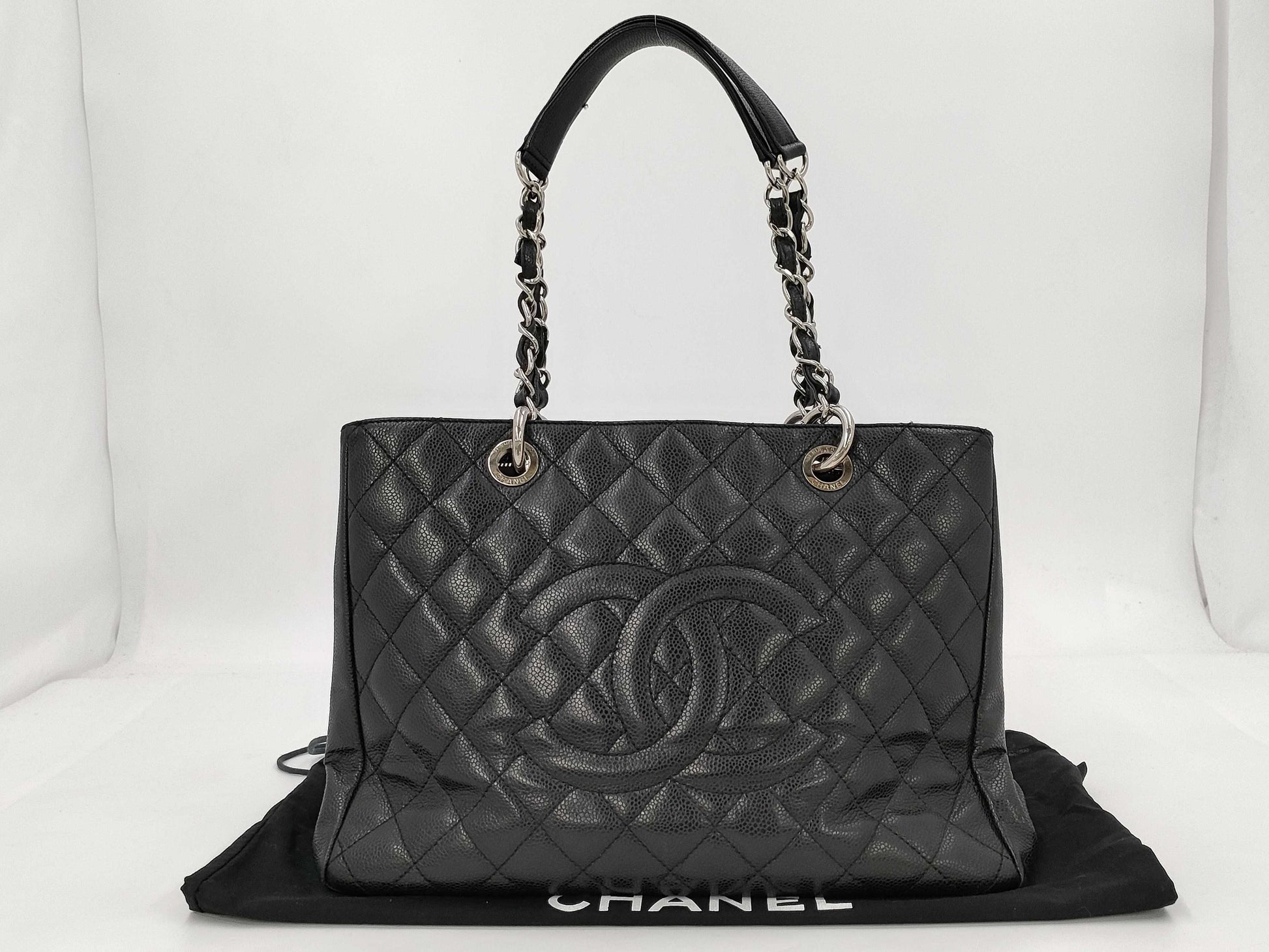 CHANEL GST Caviar Skin Black Gold Hardware Chain Tote Bag