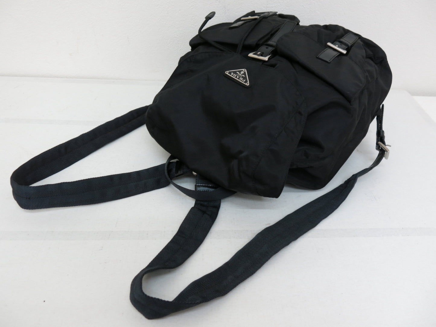 PRADA Prada Triangle Logo Plate Calfskin Nylon Backpack