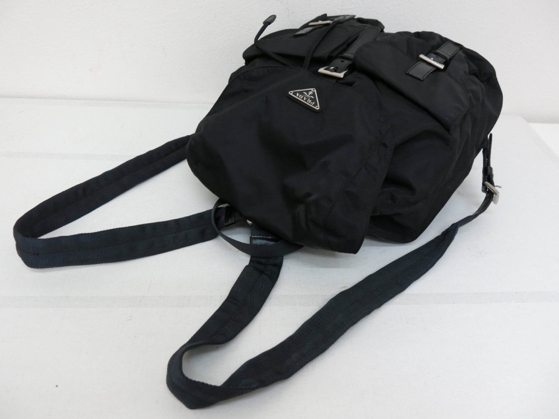 PRADA Prada Triangle Logo Plate Calfskin Nylon Backpack