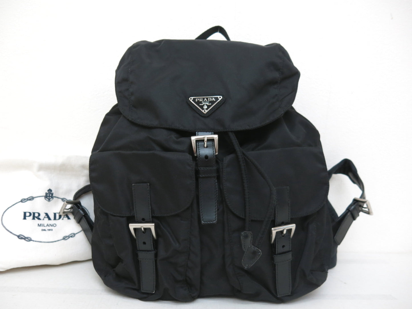 PRADA Prada Triangle Logo Plate Calfskin Nylon Backpack