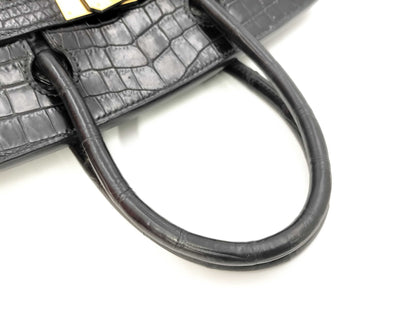 HERMES Birkin 30 Black Gold Hardware Croco Matte G-Engraved Handbag