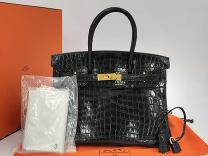 HERMES Birkin 30 Black Gold Hardware Croco Matte G-Engraved Handbag
