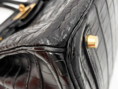 HERMES Birkin 30 Black Gold Hardware Croco Matte G-Engraved Handbag
