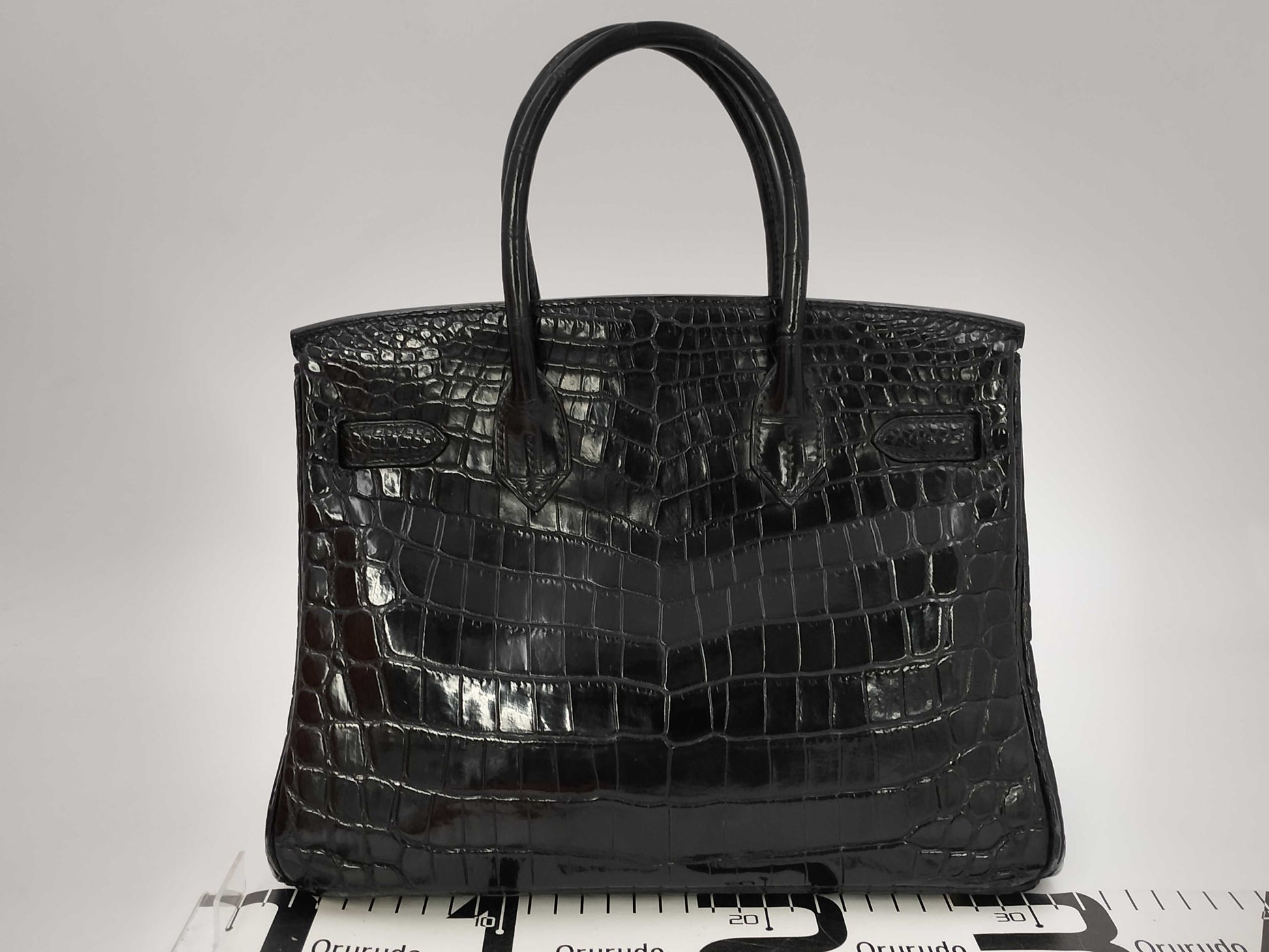 HERMES Birkin 30 Black Gold Hardware Croco Matte G-Engraved Handbag