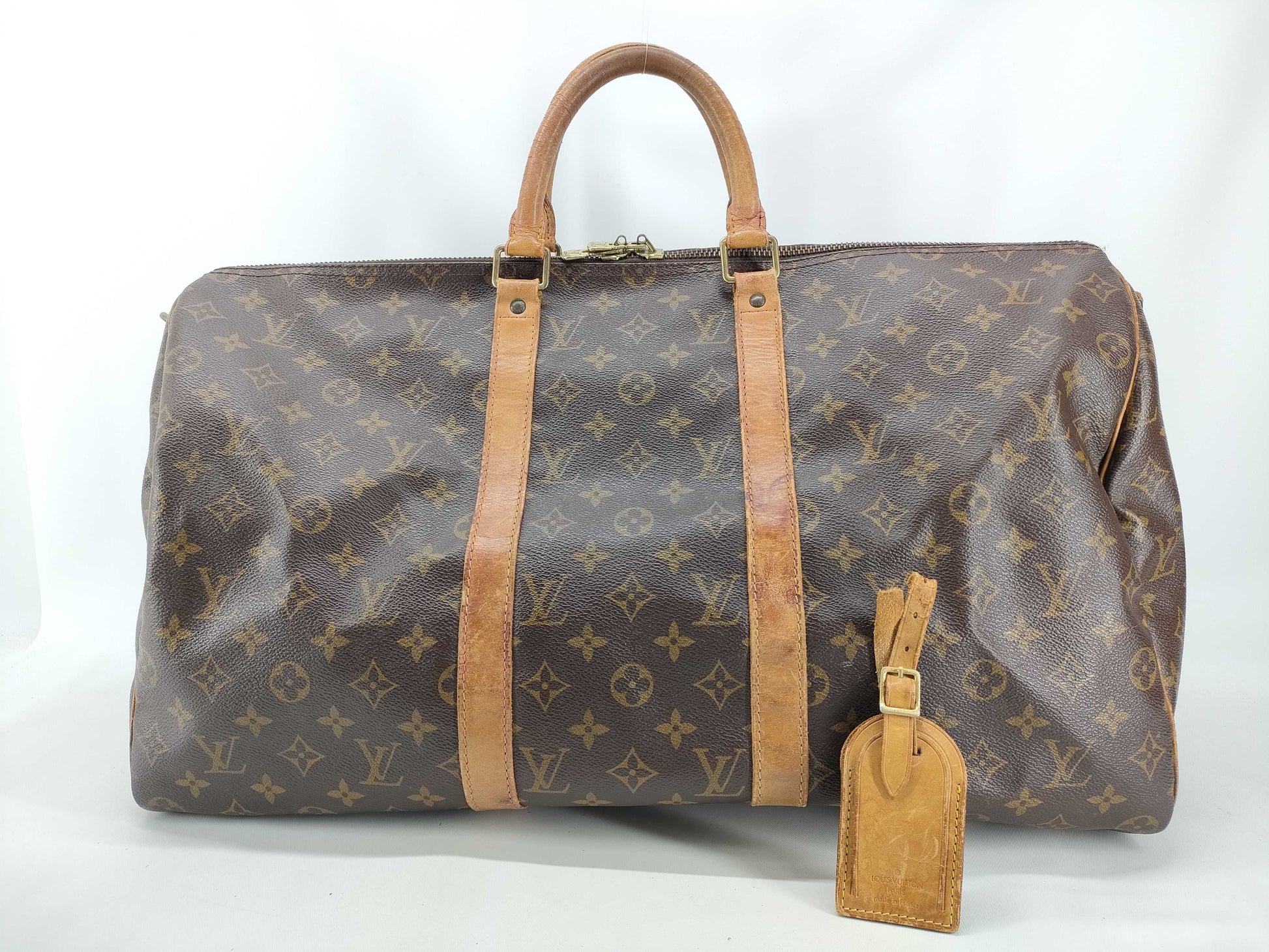 LOUIS VUITTON Monogram Keepall Bandouliere 60 M41412 TH0924 Padlock Key Name Tag Boston Bag