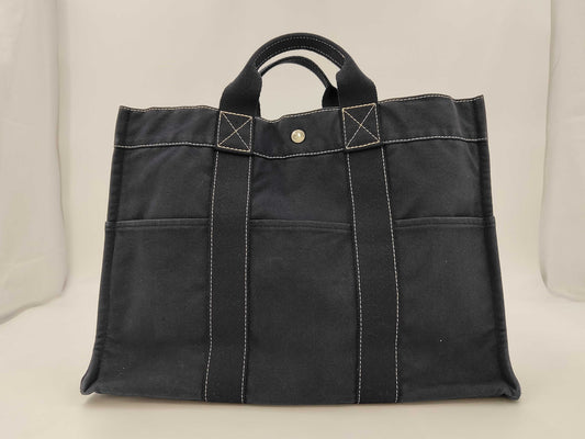 HERMES Deauville MM Canvas Handbag Silver Hardware Navy Tote Bag