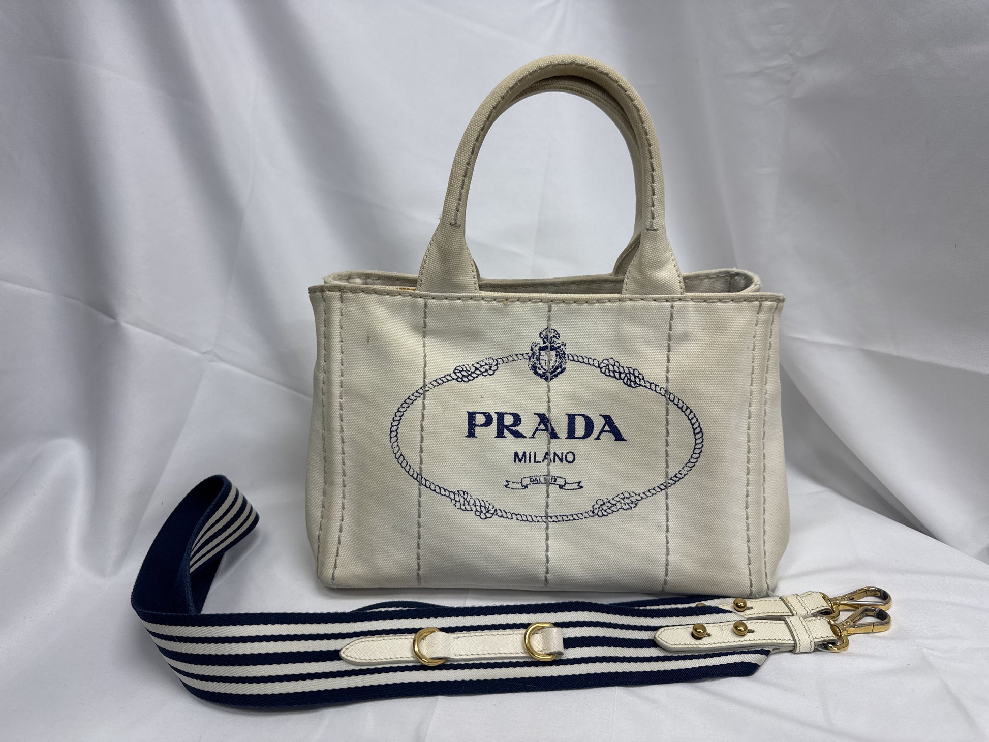 PRADA Canapa 2-Way Shoulder Bag, Tote Bag, Striped, White x Blue, Handbag