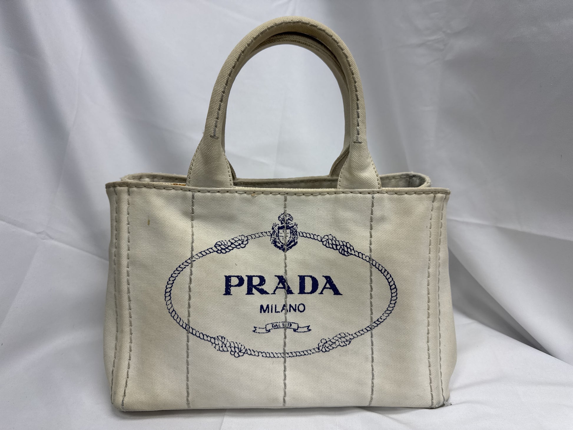 PRADA Canapa 2-Way Shoulder Bag, Tote Bag, Striped, White x Blue, Handbag