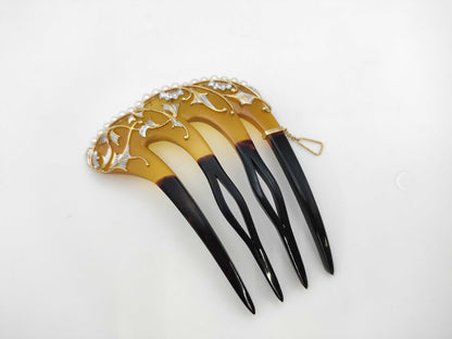 Kazuo Ogawa Tortoiseshell Hairpin with Pearl, Diameter 3.8-4.2mm, D0.20ct, K18/Pt900, 23.0g, Hair Accessory 