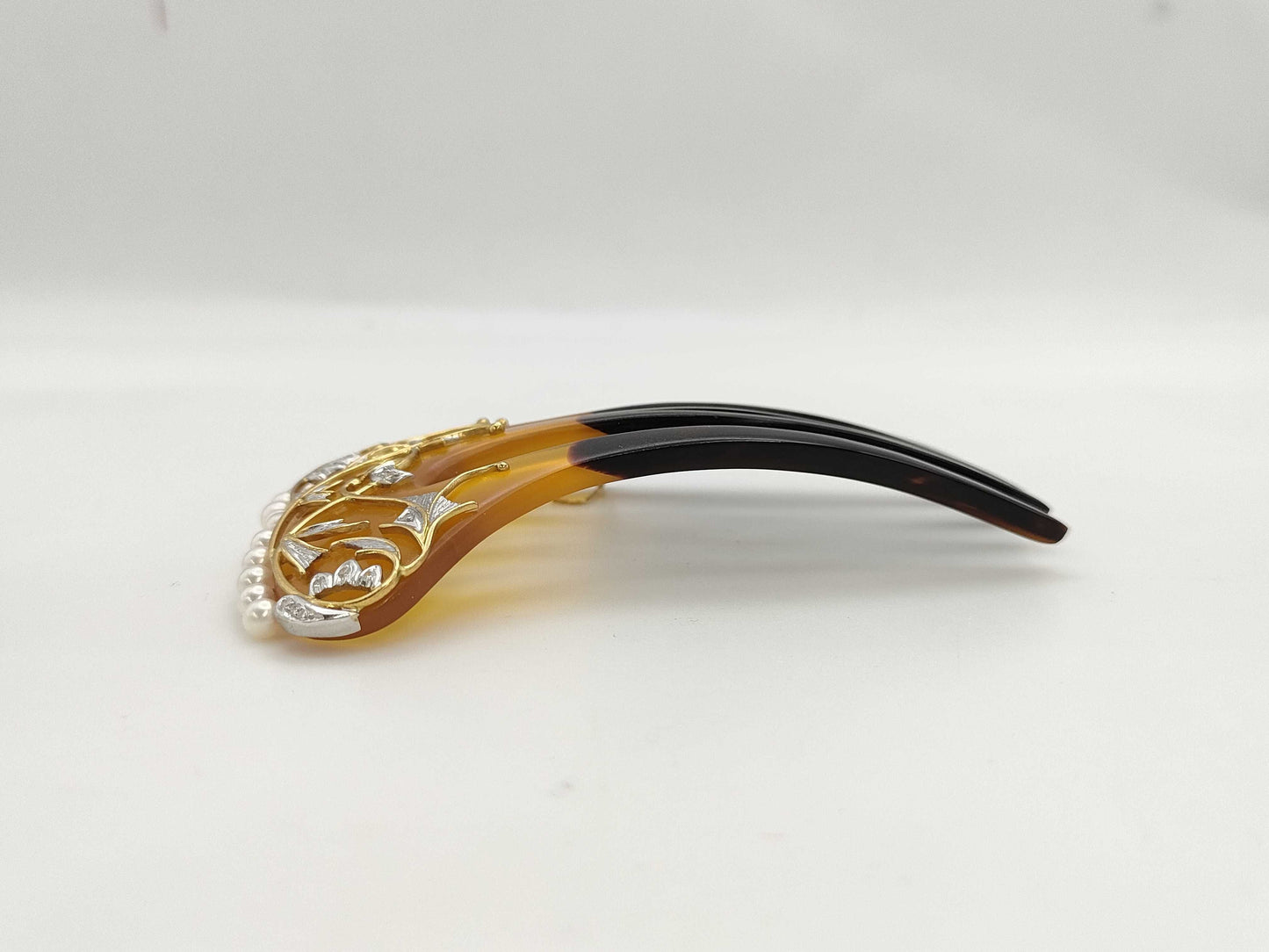 Kazuo Ogawa Tortoiseshell Hairpin with Pearl, Diameter 3.8-4.2mm, D0.20ct, K18/Pt900, 23.0g, Hair Accessory 