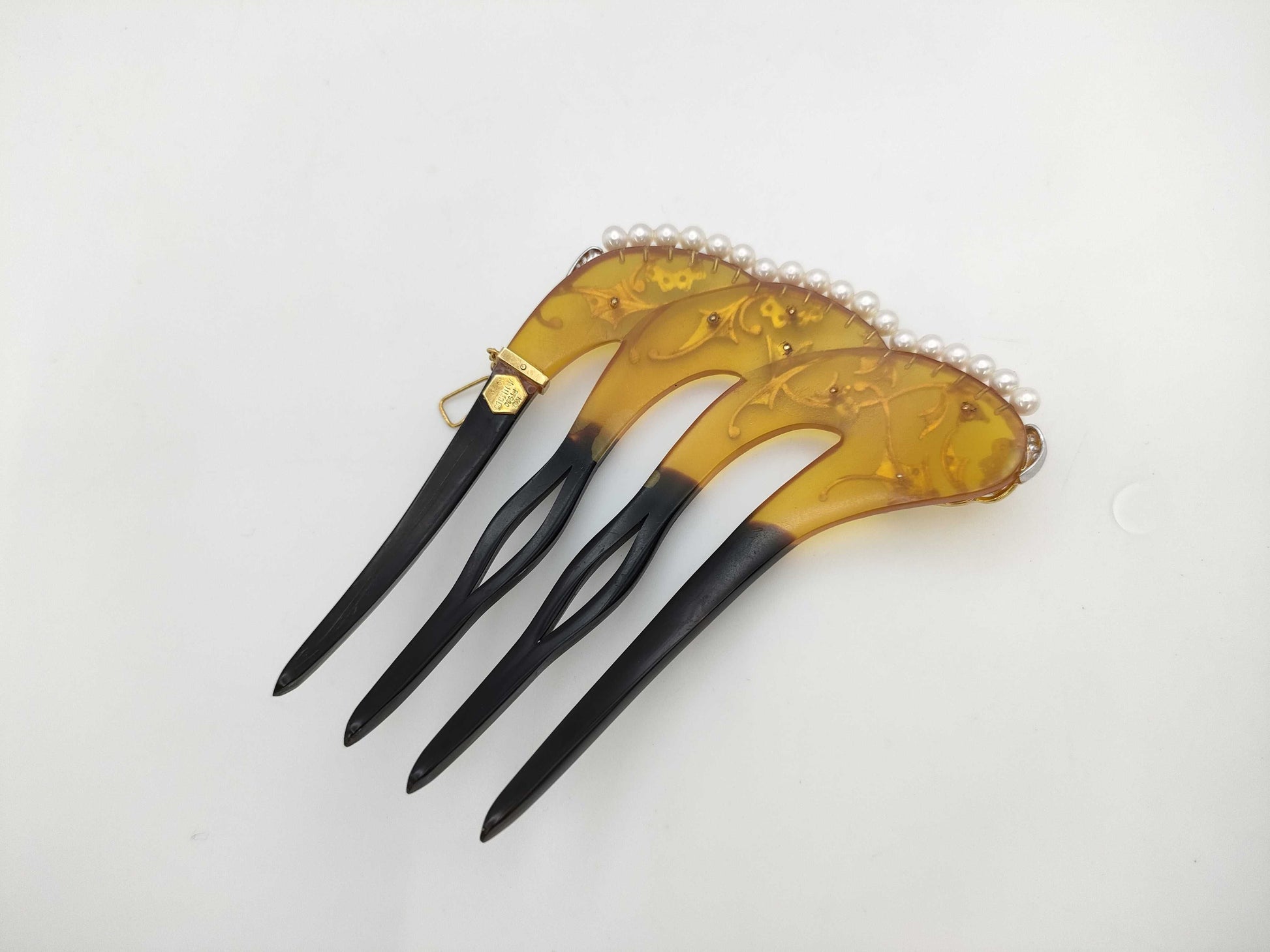 Kazuo Ogawa Tortoiseshell Hairpin with Pearl, Diameter 3.8-4.2mm, D0.20ct, K18/Pt900, 23.0g, Hair Accessory 