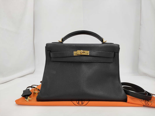 HERMES Kelly 32 Inseam Trion Black Gold Fittings □J Handbag