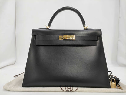 HERMES Kelly 32 Serie Box Calf Black Gold Hardware □E Handbag
