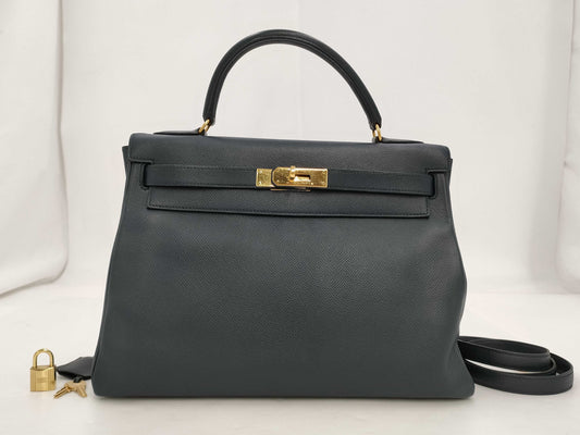 HERMES Kelly 32 Inseam Kushbel Blue Indigo Gold Hardware 〇Y Tote Bag