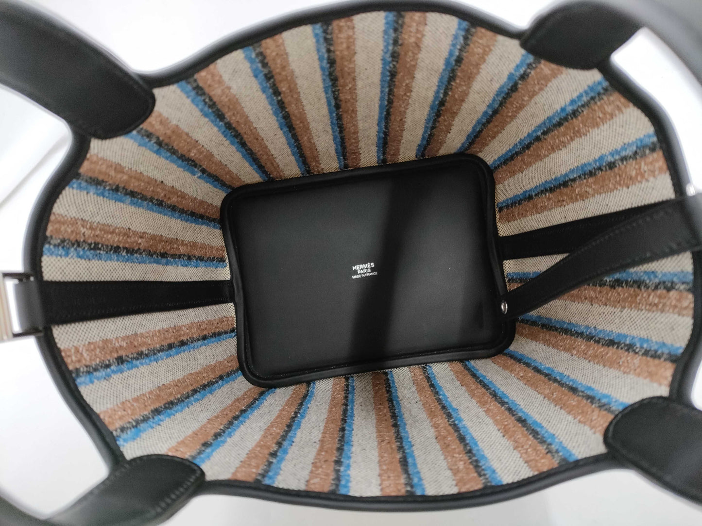 HERMES Picotan Rock PM Toile Ash x Swift Multicolor Black x Ecru x Fauve x Blue Zanzibar K Engraved Handbag