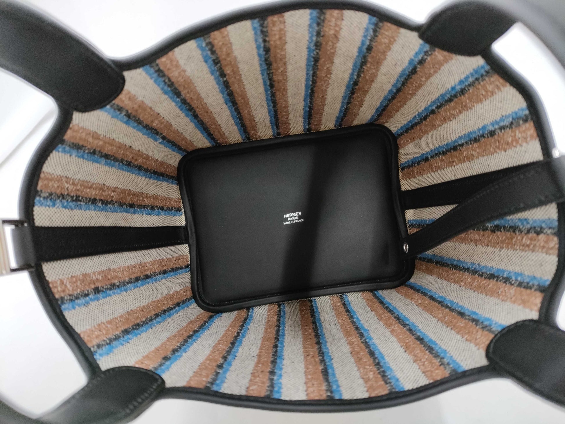 HERMES Picotan Rock PM Toile Ash x Swift Multicolor Black x Ecru x Fauve x Blue Zanzibar K Engraved Handbag