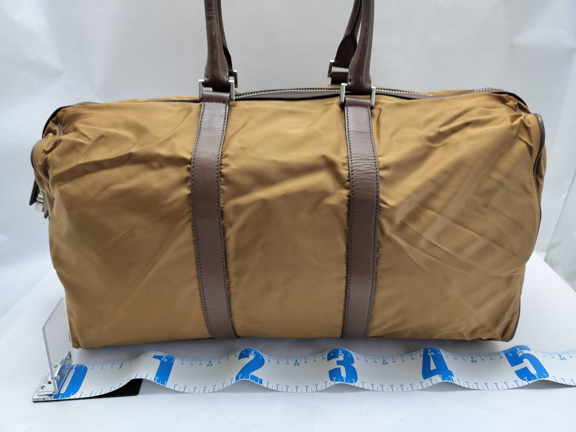 PRADA V19S Triangle Logo Boston Bag in Tessuto Nylon and Saffiano Leather, Brown, Factory Tag 44, Zippered, with Factory Tag #44.